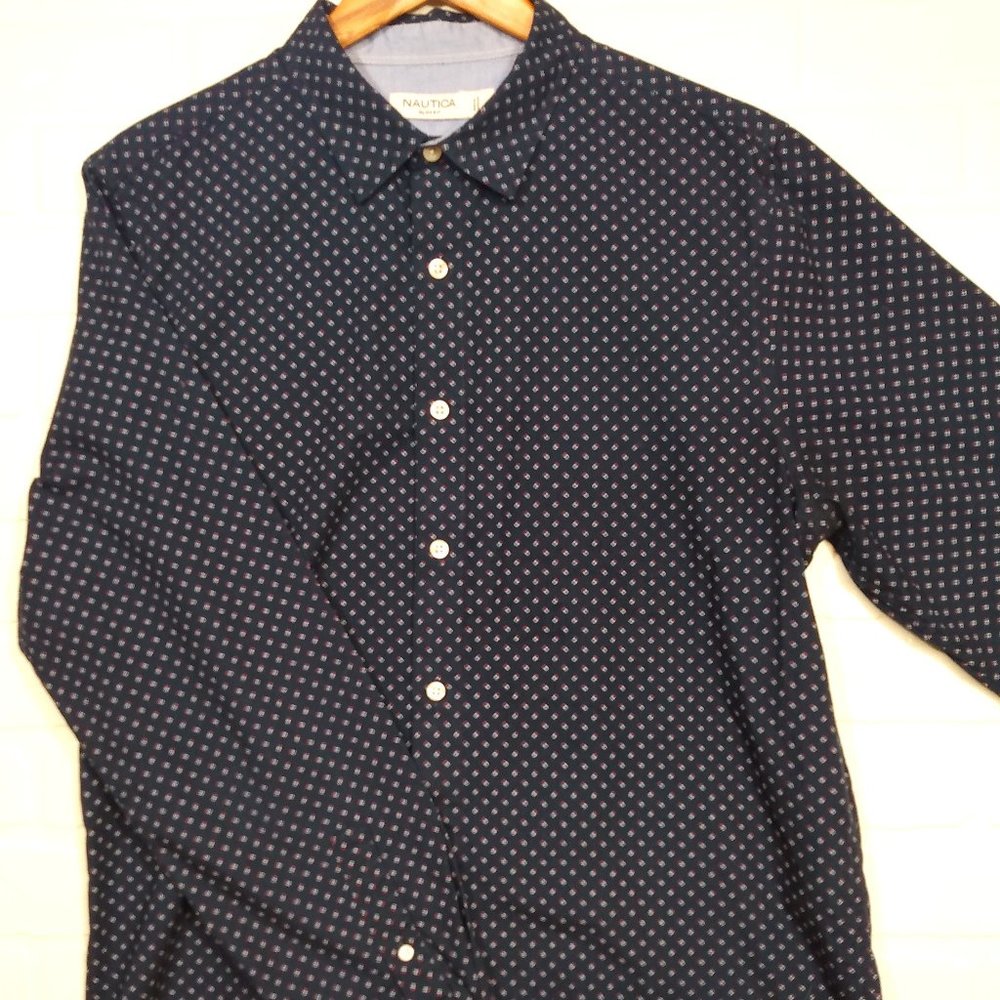 Nautica men's blue with pattern slim fit large long sleeve button shirt